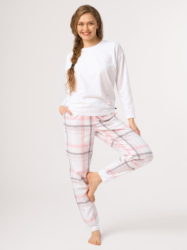 Pigiama donna Key LNS 416 bianca – 100% cotone, pantaloni in flanella a quadri