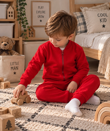 Mamatti DR914 tuta bambini in cotone rossa con felpa con zip e collo alto, pantaloni con tasche