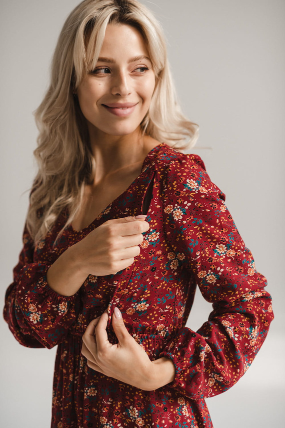 Lovely Dress Vestito midi per la maternità e l'allattamento di Milk&Love - marrone a fiori, manica lunga