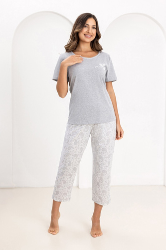 Pigiama da donna Regina 729 in cotone, maniche corte, pantaloni 7/8 grigio melange