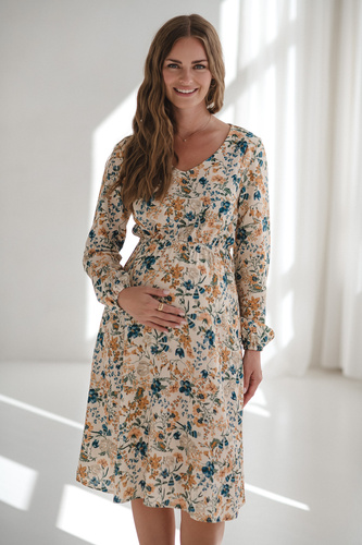 Lovely Dress Midi Milk&Love, abito premaman e da allattamento beige a fiori in lino, taglio elegante con cerniere da allattamento