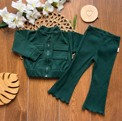 Mamatti DR819 Tuta Verde Bambina Bomber con Zip e Leggings a Campana a Costine