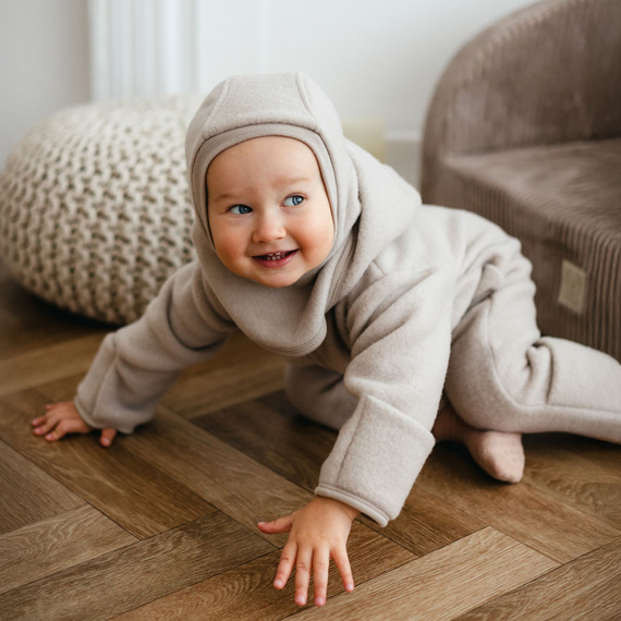 Tuta per neonato in lana merino Eevi - beige, morbida e traspirante