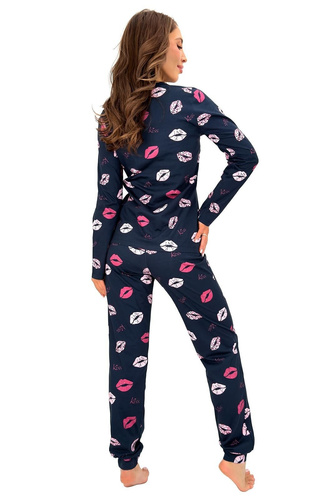 Donna Kiss Long pigiama donna blu navy 100% cotone pantaloni lunghi