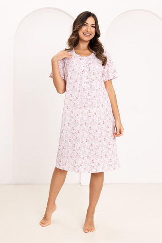 Camicia da notte da donna 018 Regina pink- 100% cotone premium, bottoni, collo a pieghe, sonno confortevole ogni notte