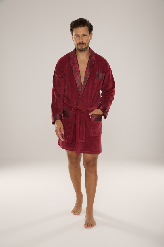 866 Noble Accappatoio in velluto De Lafense da uomo - corto, elegante, in cotone - bordeaux