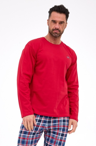 124/312 Ready 3 Cornette maroon - pigiama da uomo in cotone, manica lunga, pantaloni a quadri