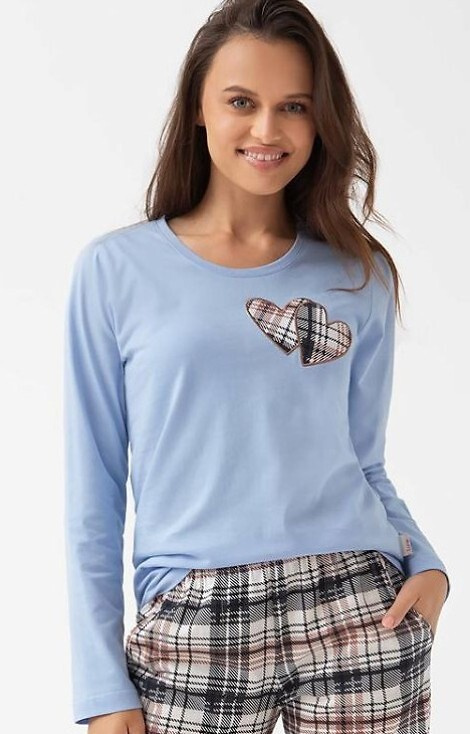 322 Luna blu - pigiama donna in cotone, cuori, manica lunga, pantaloni a quadri