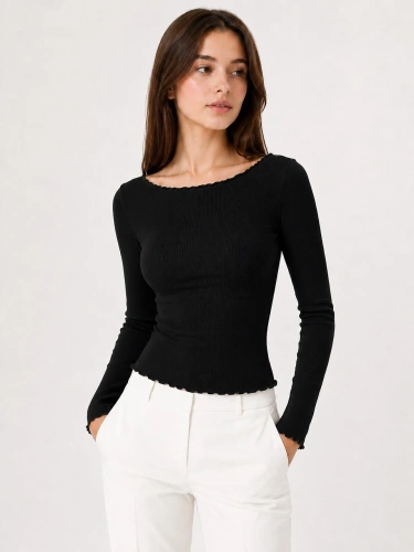 Blusa donna Raily Eldar Active in viscosa a coste, manica lunga, scollo a barca - nera