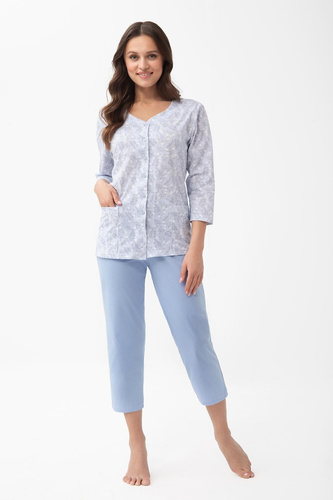 Pigiama 1305 Luna in cotone da donna con apertura e tasche, pantaloni 7/8, blu