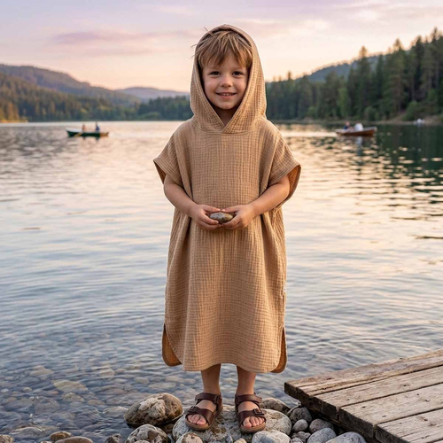 Poncho bambini Nicol 224393 mussola 100% cotone con cappuccio color caramello