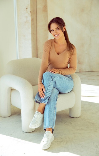 Eleonor Eldar Active beige - blusa da donna in viscosa a coste, manica lunga