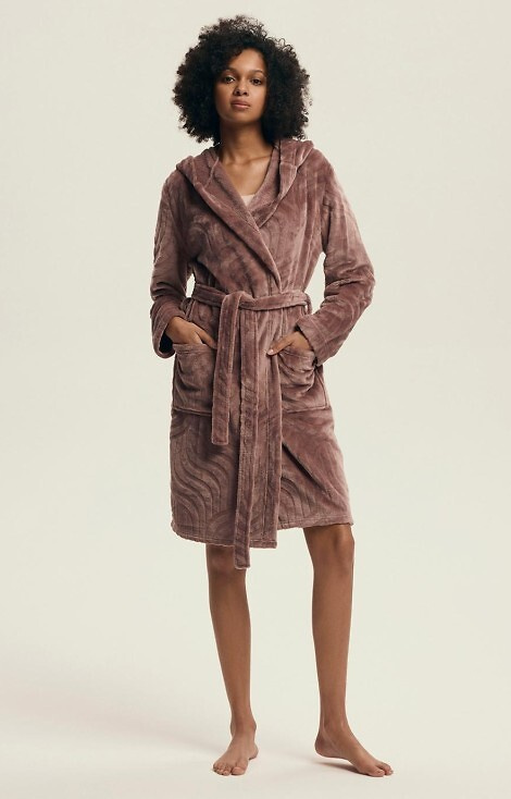 43602 Devyn Vestaglia da donna con cappuccio Henderson mogano - corta, calda, in velluto