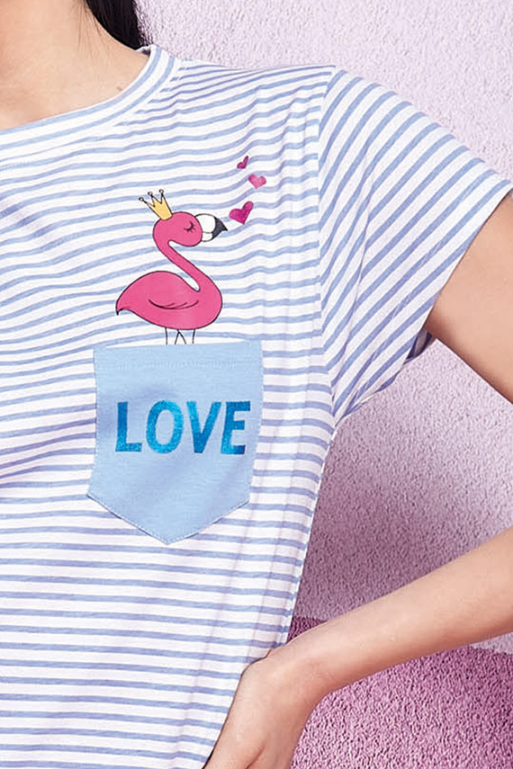 Oxksana Camicia da notte blu - 100% cotone, righe e volant