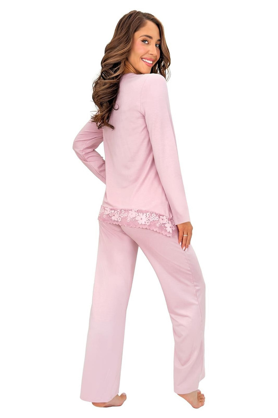Donna Ramona Long Pigiama Donna in Viscosa con Pizzo Rosa Cipria Manica Lunga Pantaloni Lunghi