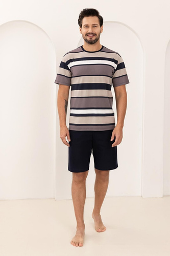 Pigiama da uomo 501 Regina marrone 100% cotone, righe eleganti, manica corta + pantaloncini, perfetto per l'estate