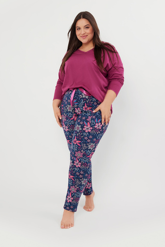 Pigiama donna Folk manica lunga, pantaloni lunghi Moda Italiana - mora/stampa