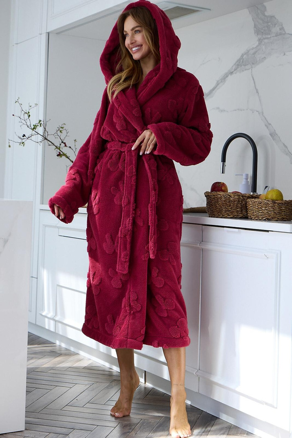 L&L Maya 2631 Accappatoio donna lungo con cappuccio morbido goffrato - sangria