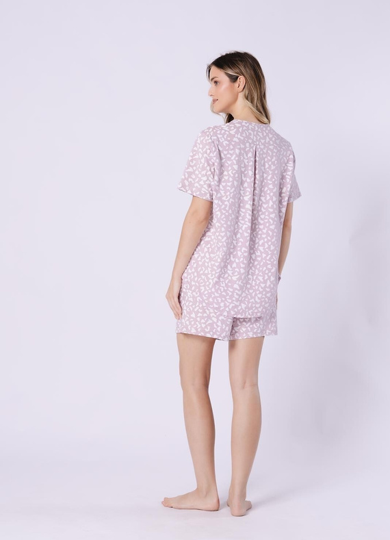 Samanta 1709 Pigiama da donna in cotone beige Leveza - estivo, con bottoni, 100% cotone, maniche corte e pantaloncini