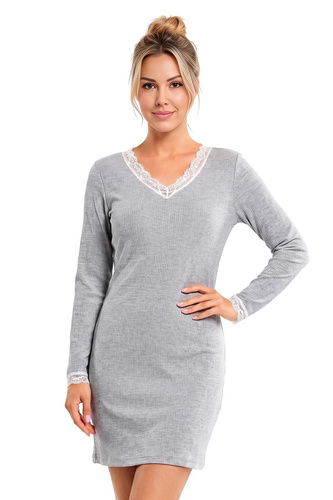 Donna Megi II Camicia da Notte Grigia Manica Lunga a Costine con Pizzo