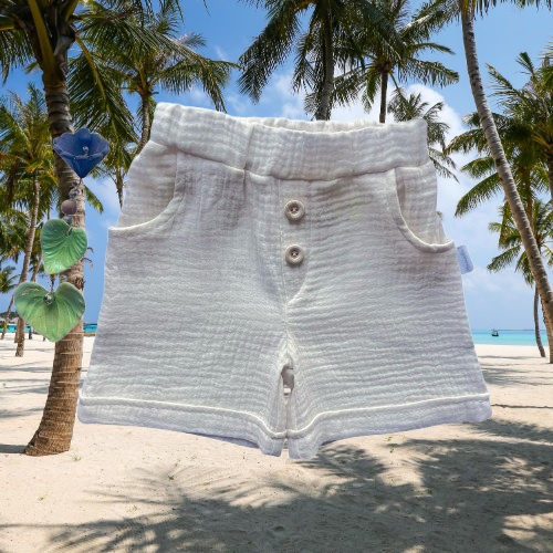 SZ55303 Mamatti pantaloncini estivi in mussola ecru con tasche e bottoni