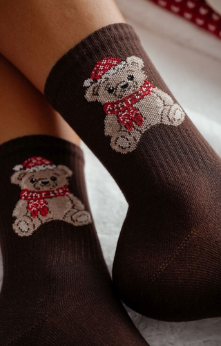 1283-031 Calze da donna Milena marrone - Orsetto di Natale, cotone