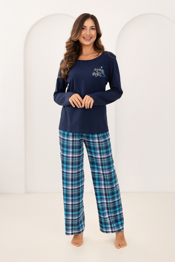 Pigiama da donna Regina 743 blu marino - cotone, lunghezza. manica, stampa, pantaloni a quadri