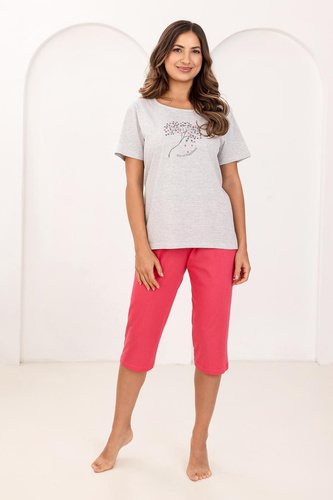 Pigiama da donna in cotone Regina 732 raspberry- Camicia a righe stampate, manica corta, pantaloni a 3/4, 100% cotone