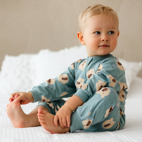Pigiama per neonati Beary Cool Eevi - salvia, cotone, senza piedini, chiusura lampo