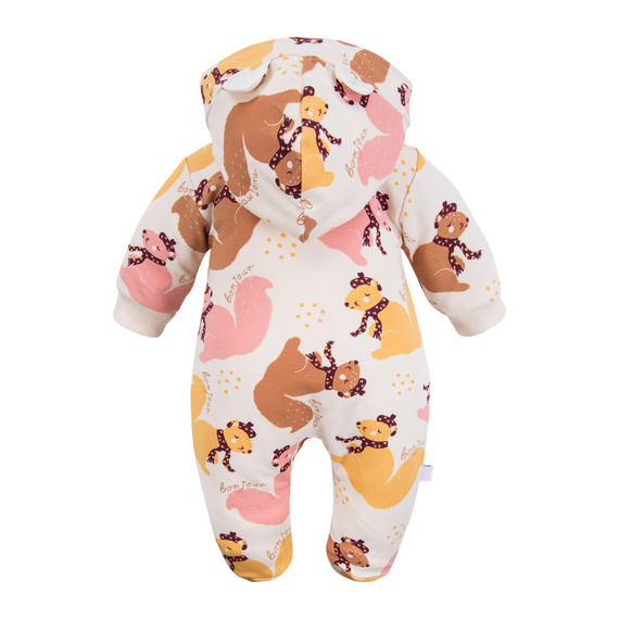 Tuta da ginnastica Fluffy Tails Eevi per bambini - ecru, con piedi e cappuccio, stampa autunnale