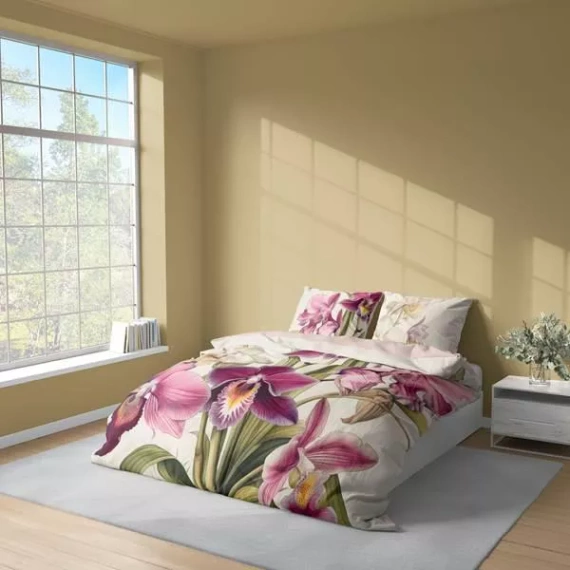 5427 Una biancheria da letto in microfibra 3D con orchidee esotiche su sfondo crema - Detexpol