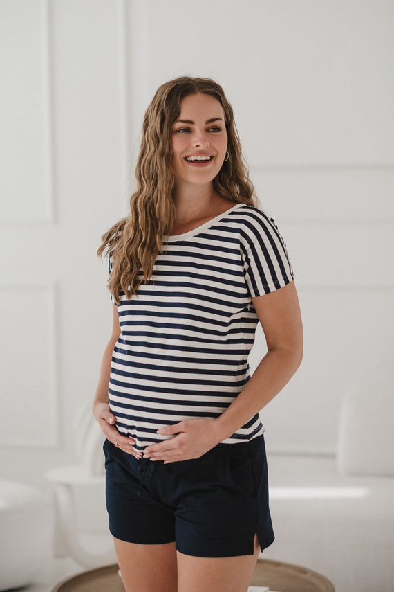 Camicetta per gravidanza e allattamento Two Ways - manica corta, comoda Milk&Love a righe bianche e blu navy