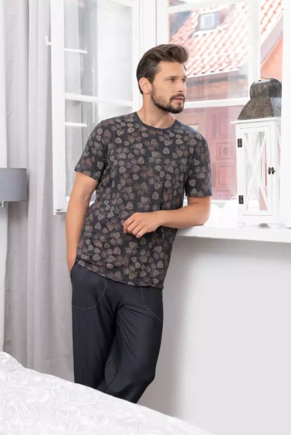 Pinus Pigiama Uomo manica corta, pantalone lungo Moda Italiana- stampa/grafite