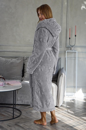 L&L Maya 2631 Accappatoio donna lungo con cappuccio morbido goffrato - grigio