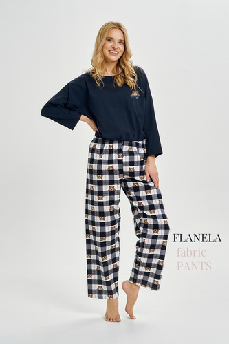 Pigiama donna Taro Astrid 3441 blu navy in cotone con pantaloni in flanella