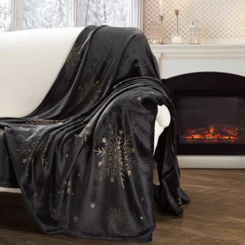 Eurofirany Coperta natalizia nera oro fiocchi di neve - morbido copriletto in microfibra, 240 g/m²