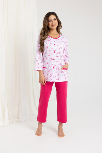 723 Pigiama donna rosa Regina - cotone, manica 7/8, bottoni, comfort e stile