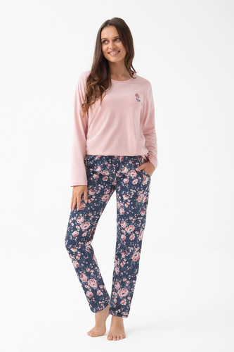 318 Pigiama donna rosa Luna - cotone, manica lunga, pantaloni a fiori, comfort e stile