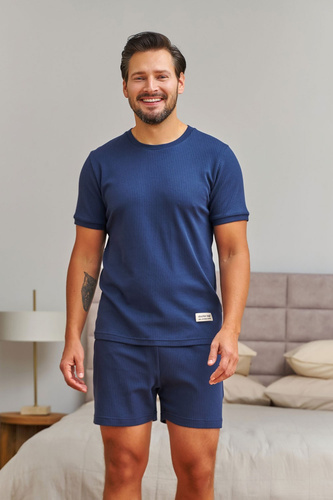 Pigiama uomo Doctor Nap 7413 blu navy a righe in cotone T-shirt e pantaloncini