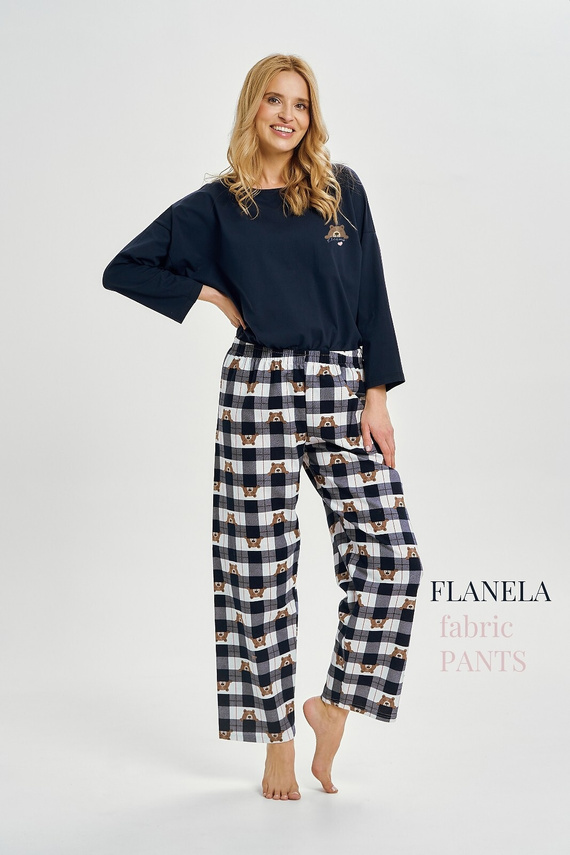 Pigiama donna Taro Astrid 3441 blu navy in cotone con pantaloni in flanella