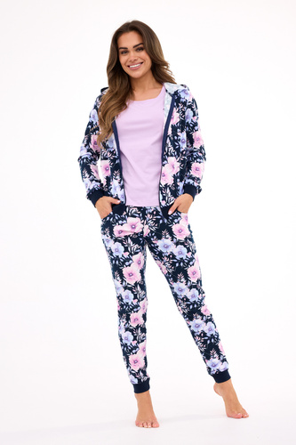 355/464 Pigiama da donna Maddie Cornette - 3 pezzi blu navy con camicetta con fiori e felpa con cappuccio