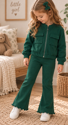 Mamatti DR819 Tuta Verde Bambina Bomber con Zip e Leggings a Campana a Costine