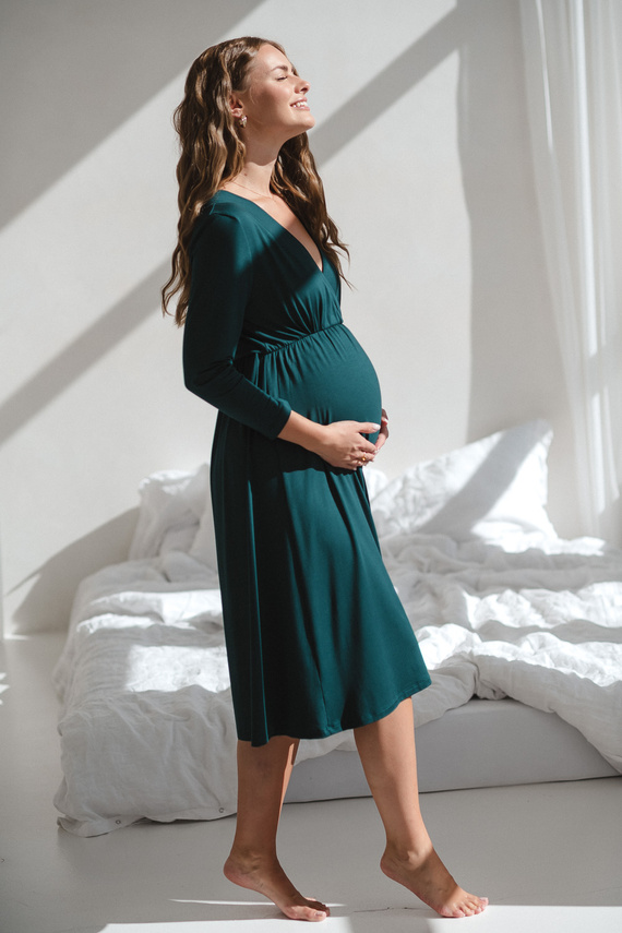 Star Light Camicia da notte in bambù per gravidanza e allattamento 7/8 Milk&Love verde bottiglia - traspirante, per l'ospedale, confortevole per l'allattamento al seno