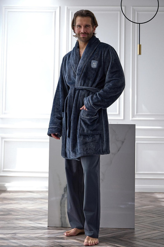 L&L Elegant 2664 Accappatoio Uomo Corto in Tessuto Waffle Morbido con Colletto grafite