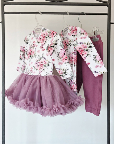 Sukienko-body Bambarillo Piwonie bambina in cotone con gonna in tulle