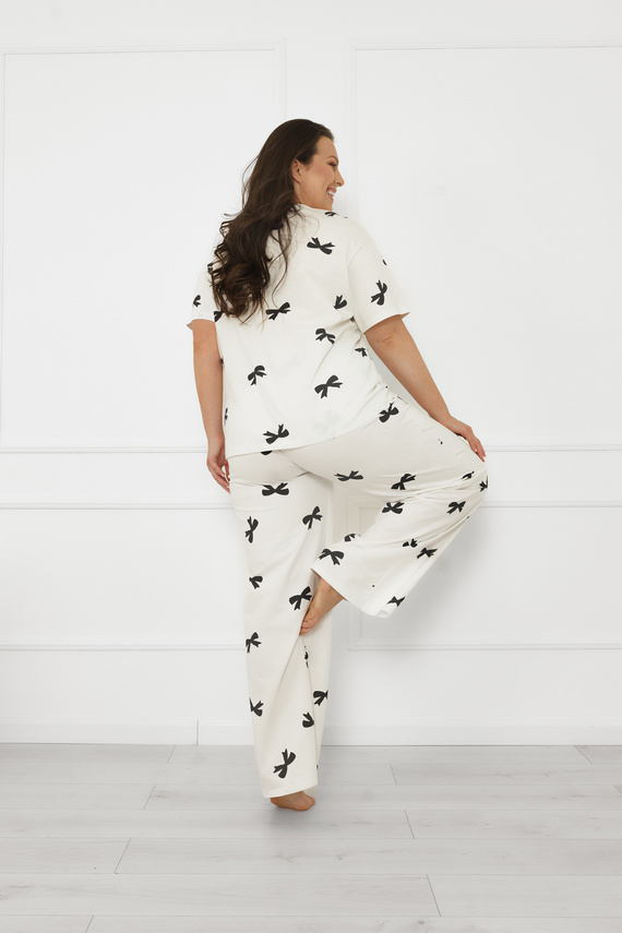 Pigiama da donna Figaro - ecru, cotone, manica corta + pantaloni lunghi Moda italiana