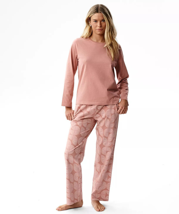 Pigiama donna NLP-501 Atlantic rosa-verde - 100% cotone effetto pesca, manica lunga, pantaloni con tasche | Calore e comfort Premium