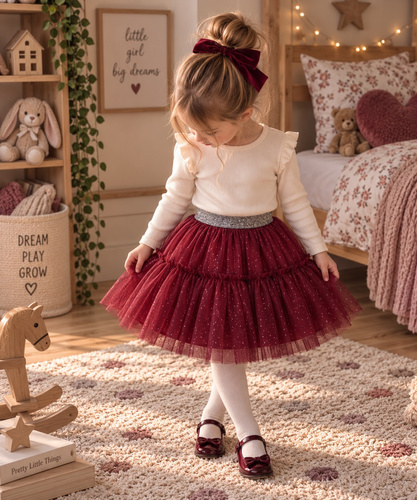 Gonna bambina bordeaux ST120 in tulle morbido metallizzato con elastico in vita