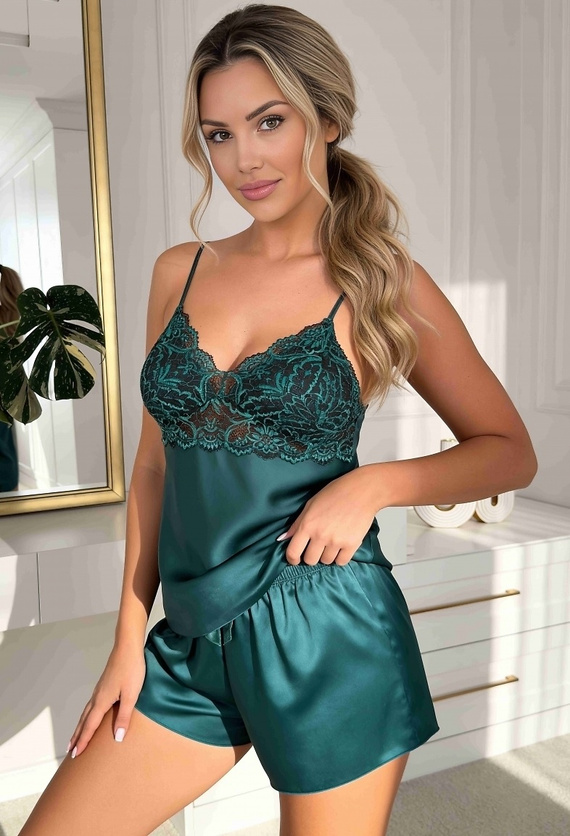Donna Mela 1/2 Pigiama Donna in Raso Verde con Pizzo Pantaloncini a Fiori