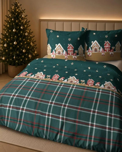 Biancheria da letto Detexpol 6055 B Villaggio Natalizio verde rosso 100% cotone